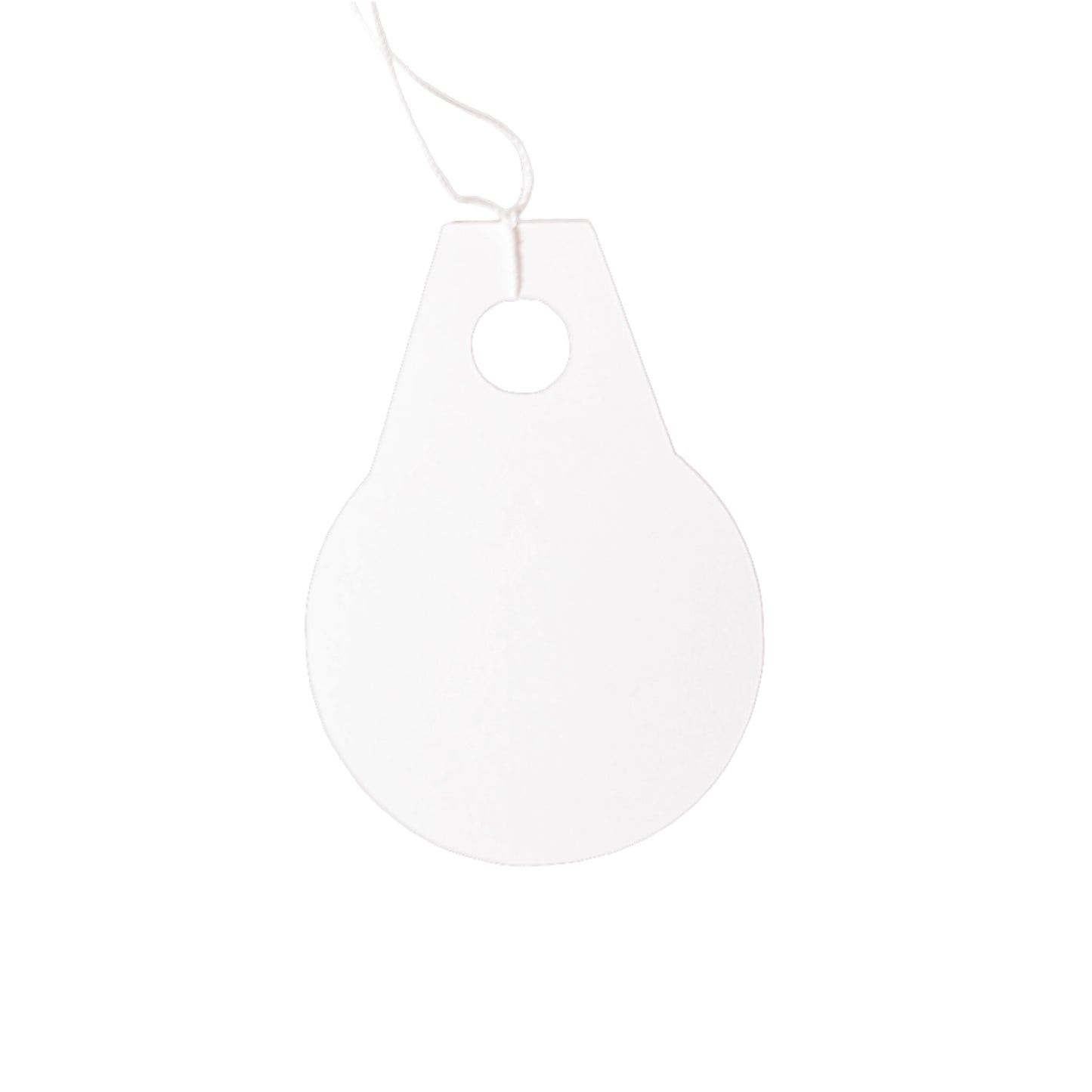 A single white paper gift tag that are shaped like a big circle with a little square handle at the top. The tag has a white string at the top so you can tie it onto a gift. The tag is centered on a white background.