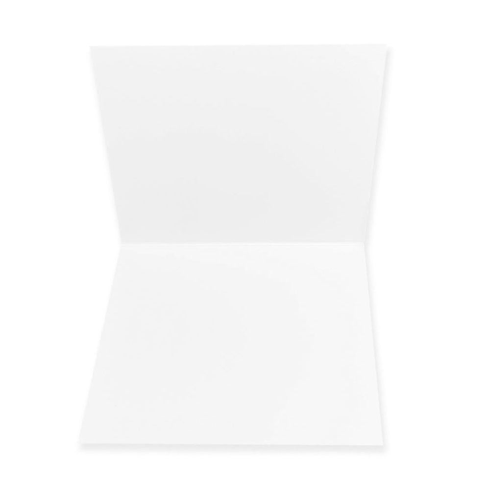an open, blank white greeting card shown from the inside. the card is folded horizontally across the middle, creating two equal white rectangular sections for writing messages. the background is a clean, neutral white.