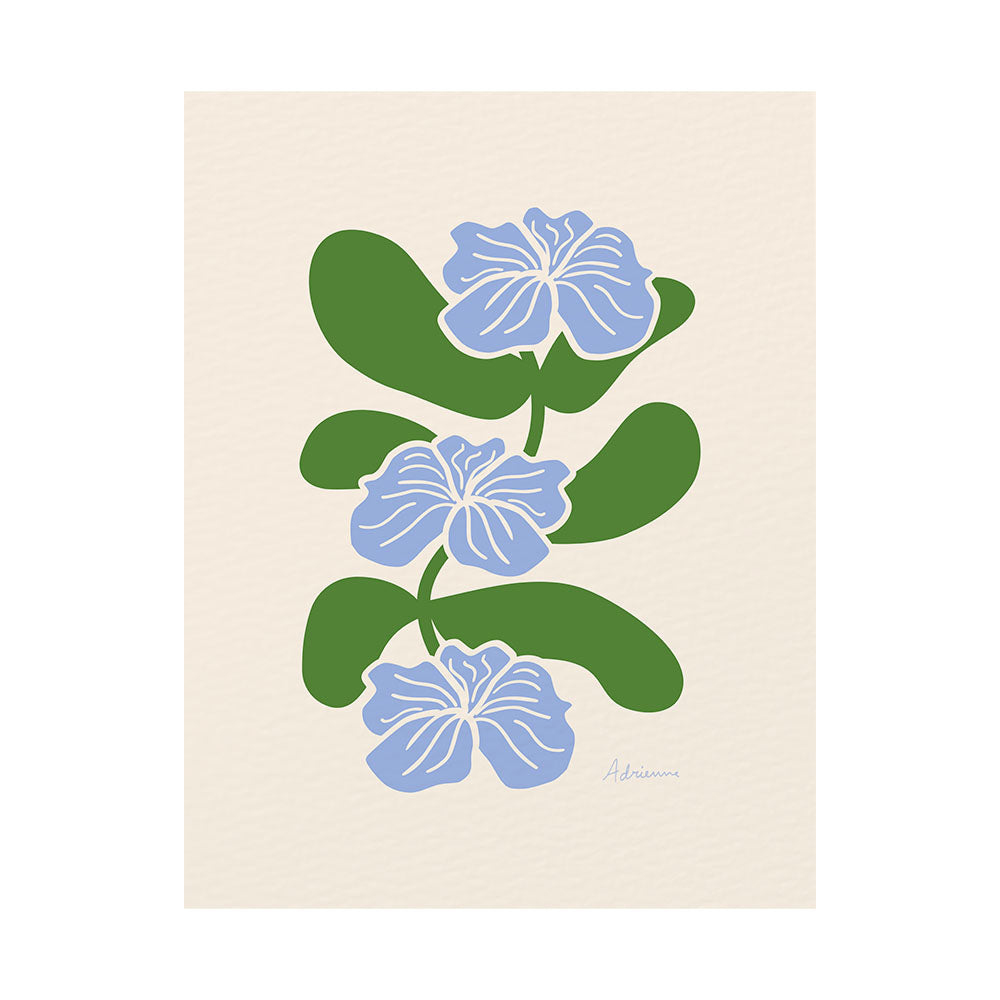 A vertical minimalist botanical art print print featuring three stylized light blue flowers with white outlines. The flowers are stacked vertically along a winding green stem with large, rounded green leaves. The background is a warm neutral cream color with a subtle paper texture. The artist's signature, "Adrienne," is visible in the bottom right corner in a light blue script.