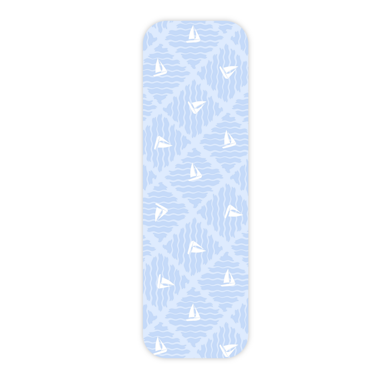 One light blue laminated bookmark displayed vertically and in the center of a plain white background. This bookmark features an all-over repeating pattern of tossed sailboats on small diamond-shaped wave patches. The bookmark has rounded corners and a slight drop shadow.