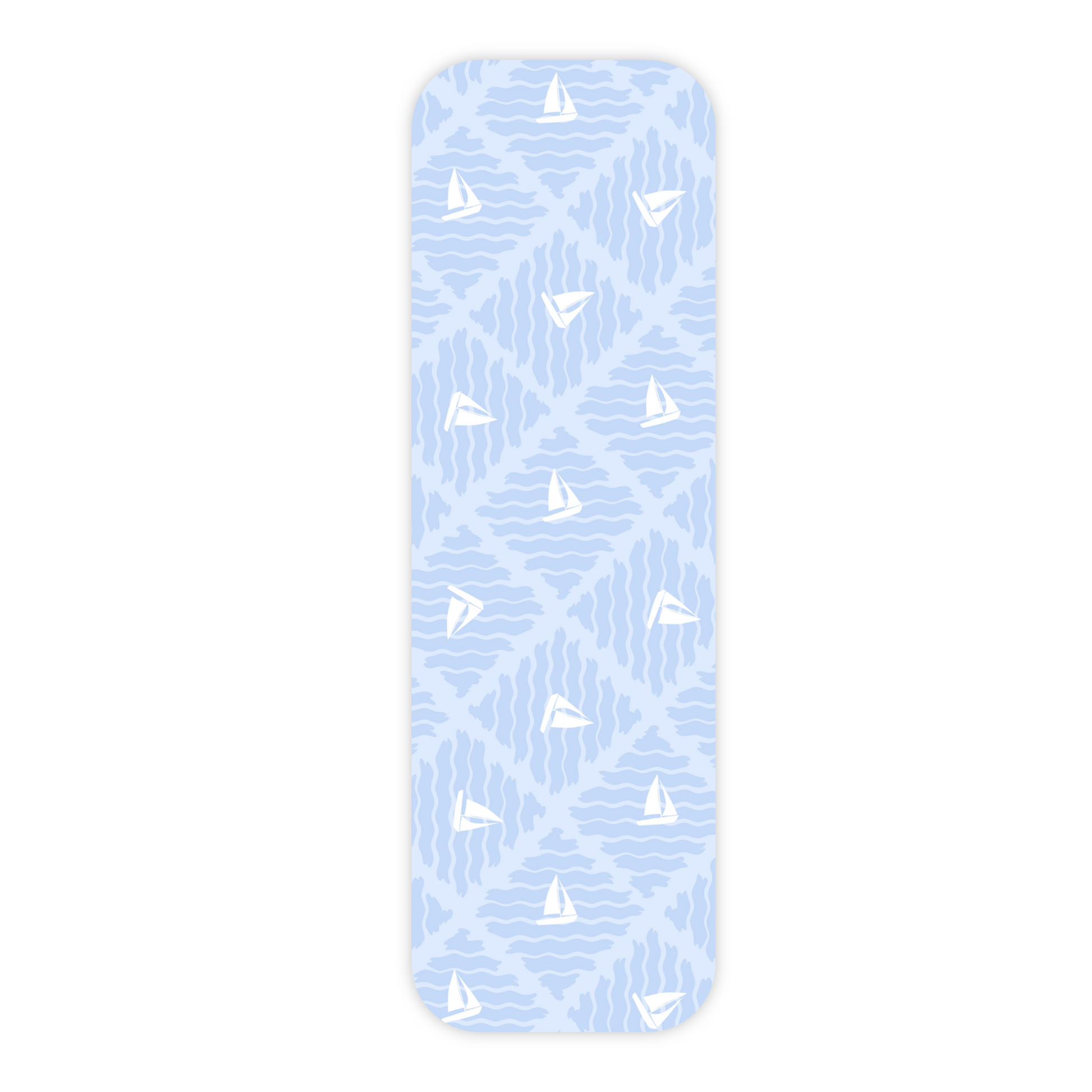 One light blue laminated bookmark displayed vertically and in the center of a plain white background. This bookmark features an all-over repeating pattern of tossed sailboats on small diamond-shaped wave patches. The bookmark has rounded corners and a slight drop shadow.