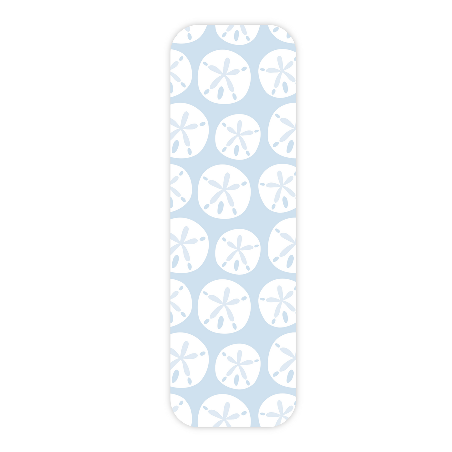One light blue laminated bookmark displayed vertically and in the center of a plain white background. This bookmark features an all-over repeating pattern of white stylized sand dollars. It has rounded corners and a slight drop shadow.