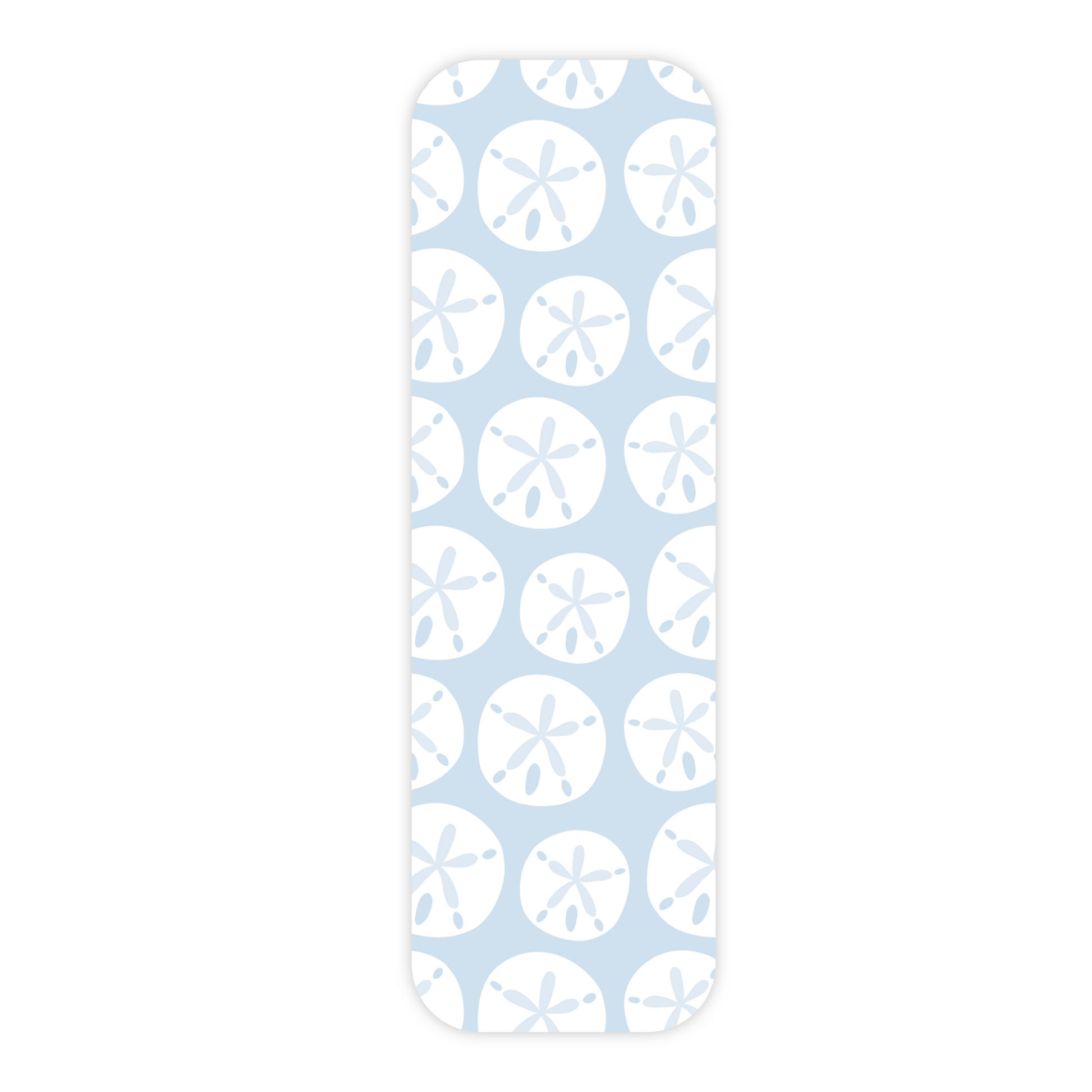 One light blue laminated bookmark displayed vertically and in the center of a plain white background. This bookmark features an all-over repeating pattern of white stylized sand dollars. It has rounded corners and a slight drop shadow.