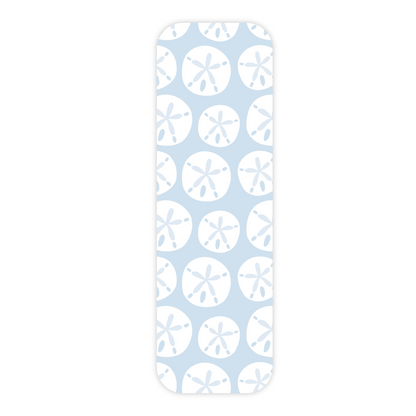 One light blue laminated bookmark displayed vertically and in the center of a plain white background. This bookmark features an all-over repeating pattern of white stylized sand dollars. It has rounded corners and a slight drop shadow.