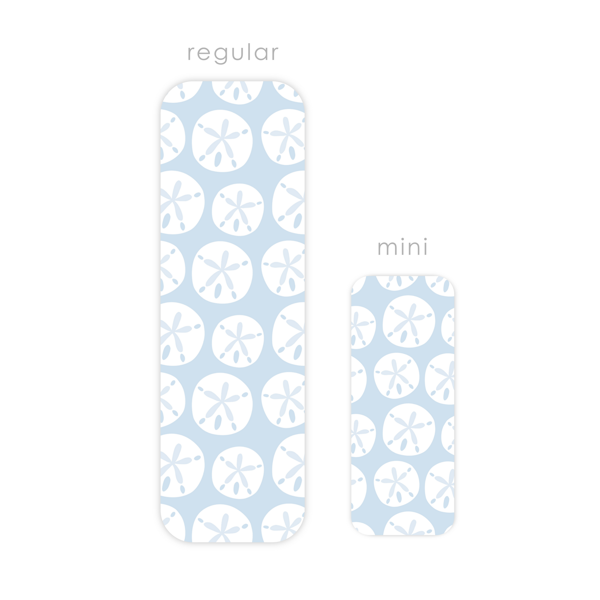 two light blue laminated bookmarks are displayed vertically side-by-side against a plain white background. both bookmarks feature an all-over repeating pattern of white stylized sand dollars. the bookmark on the left is labeled "regular" in grey lowercase text and is approximately twice as tall as the bookmark on the right. the bookmark on the right is labeled "mini" in grey lowercase text. both have rounded corners and a slight drop shadow.