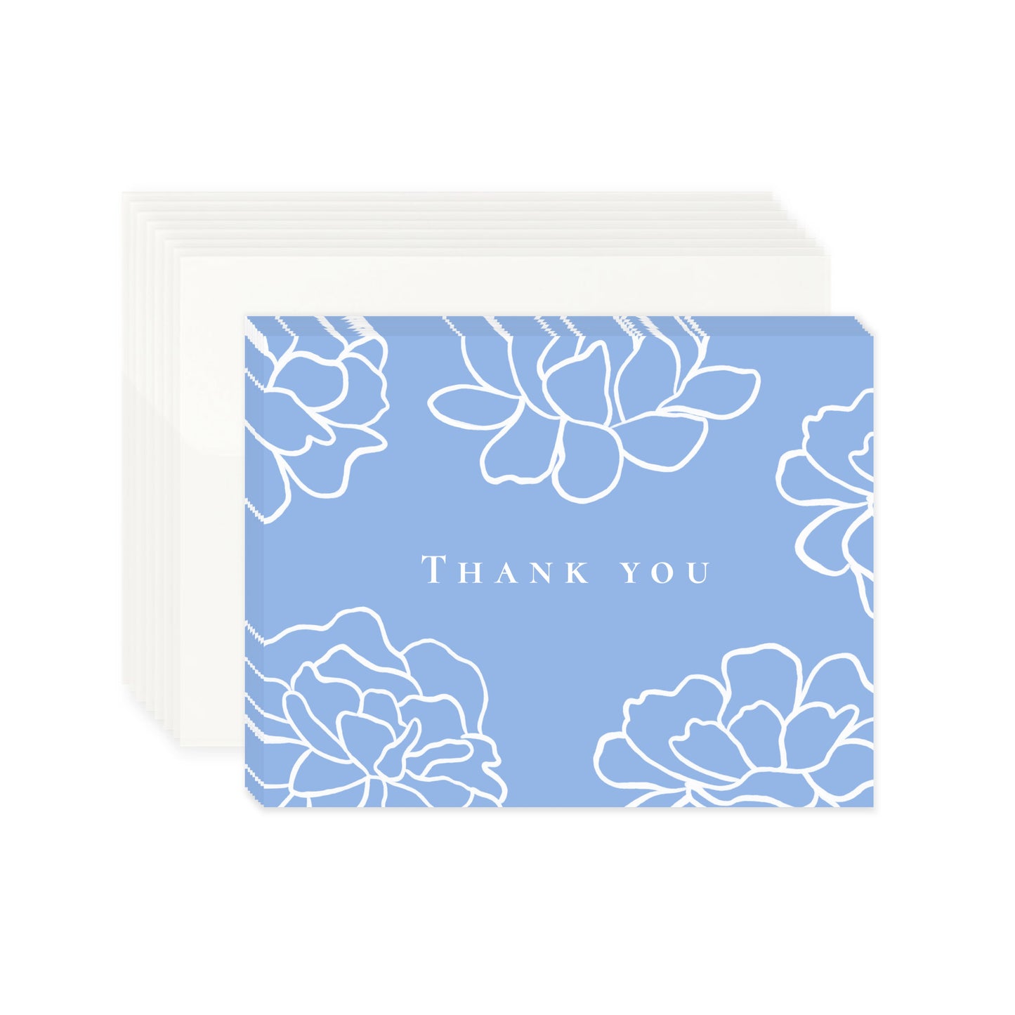 An 8-pack set of thank you cards featuring a light blue cards at the front with white line-art peony flowers and the text "Thank you" in a central uppercase serif font. Stacked behind the 8 cards is a neat group of eight off-white matching envelopes.