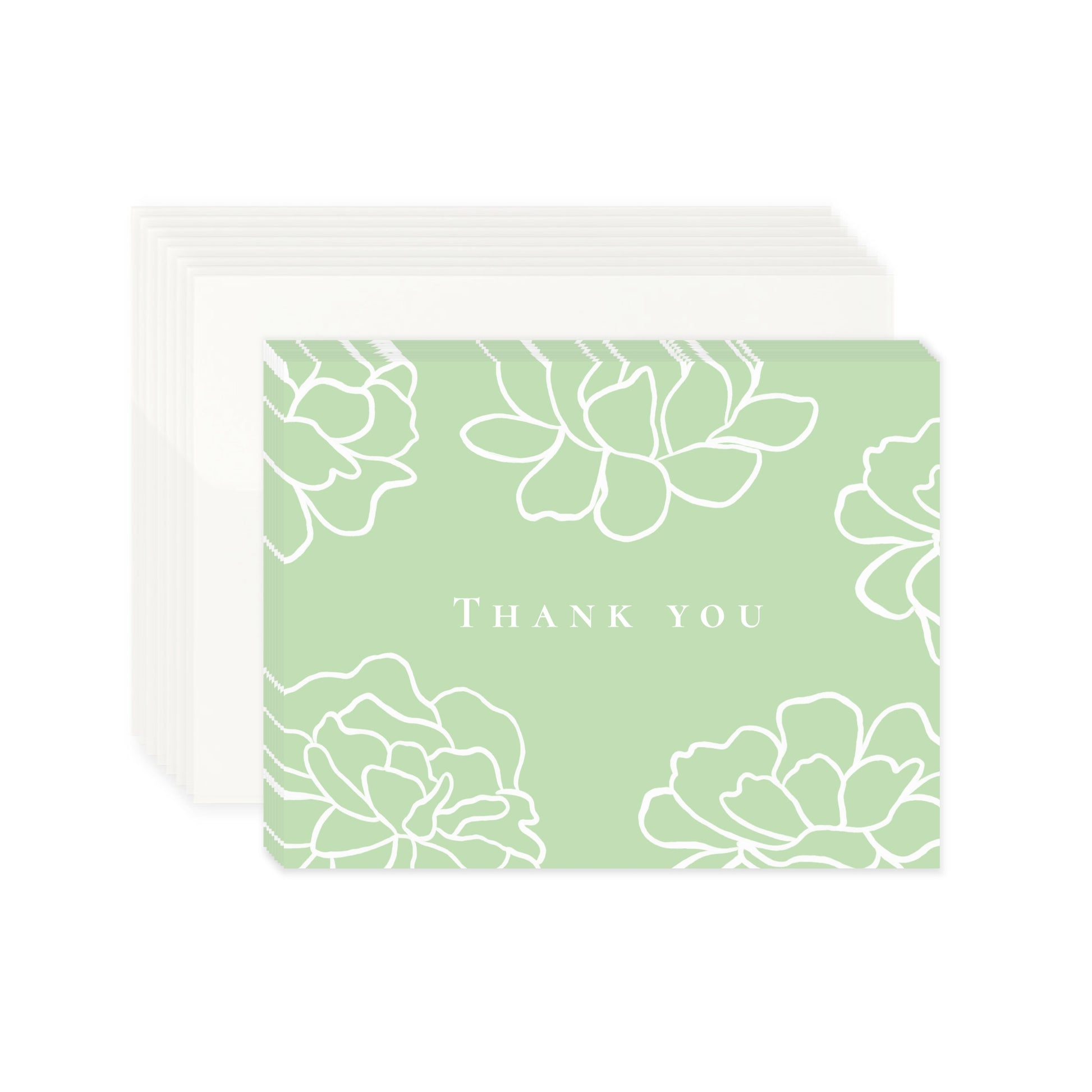 An 8-pack set of thank you cards featuring a light green cards at the front with white line-art peony flowers and the text "Thank you" in a central uppercase serif font. Stacked behind the 8 cards is a neat group of eight off-white matching envelopes.