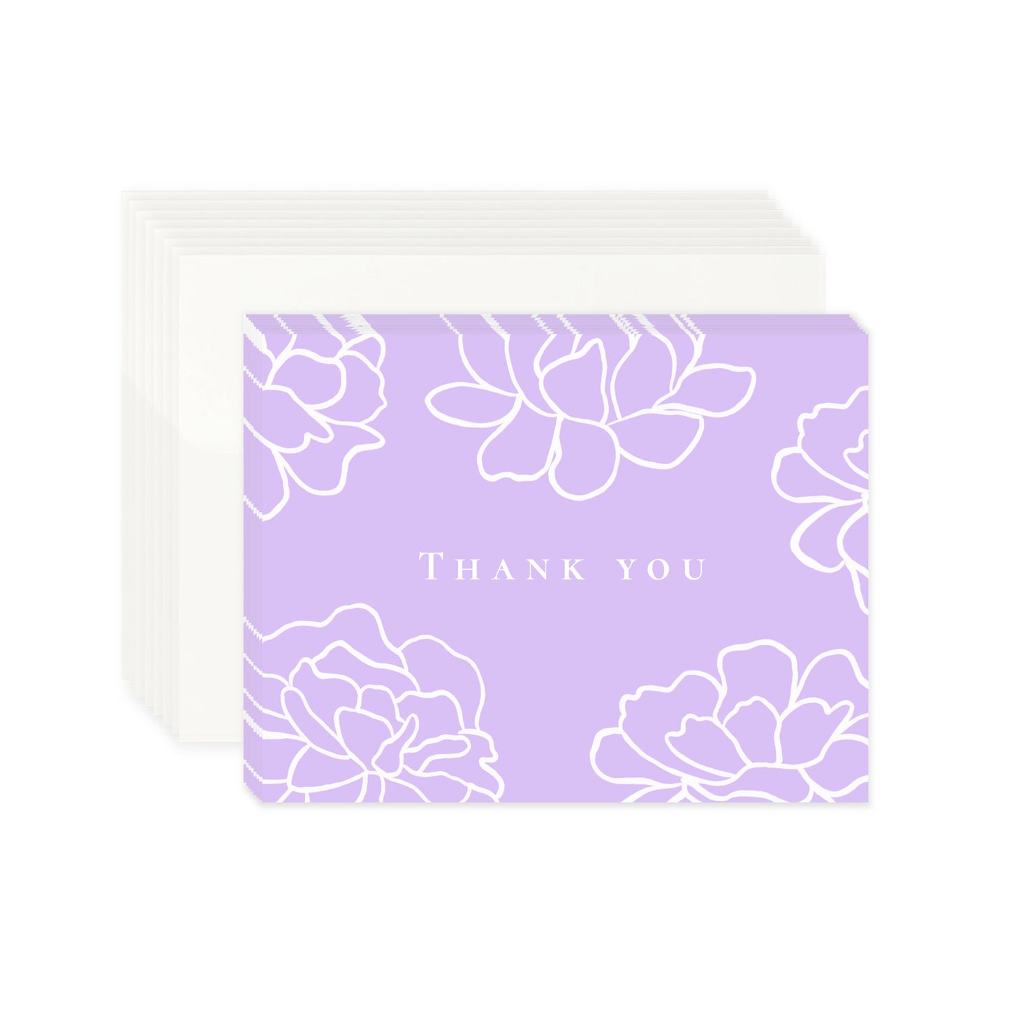 An 8-pack set of thank you cards featuring a light purple cards at the front with white line-art peony flowers and the text "Thank you" in a central uppercase serif font. Stacked behind the 8 cards is a neat group of eight off-white matching envelopes.