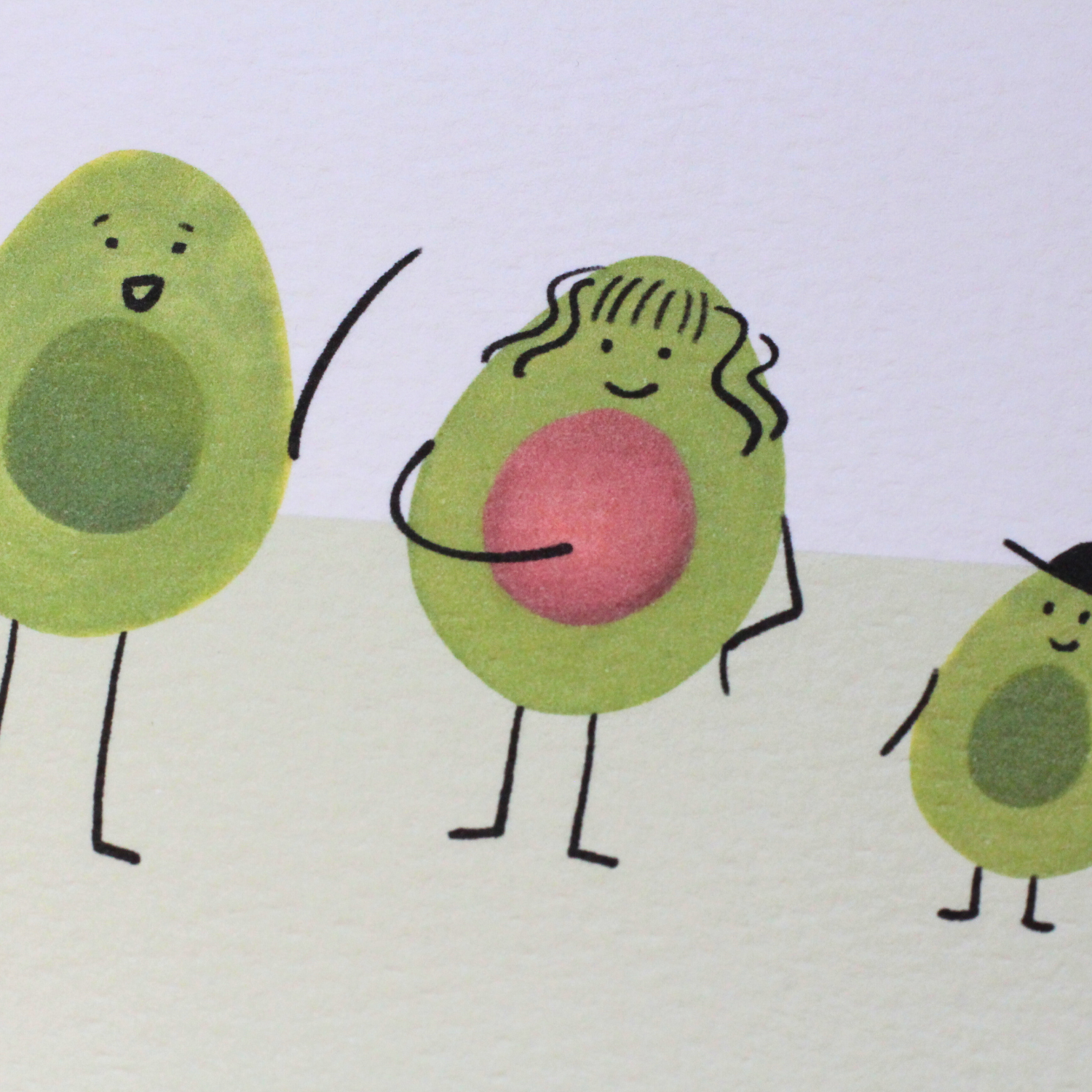 Illustration of three cartoon avocados with different expressions on a light background