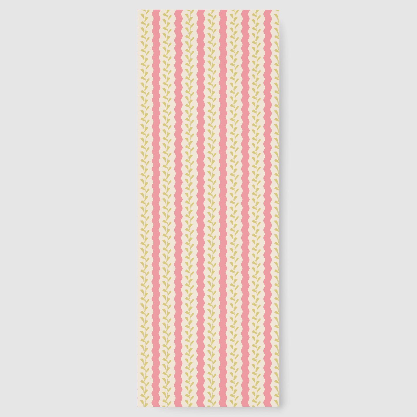  Laminated rectangular bookmark featuring a vertical pattern of alternating vibrant pink scalloped wavy stripes and and delicate botanical vines on an off-white background. The bookmark is centered on a grey-white background.