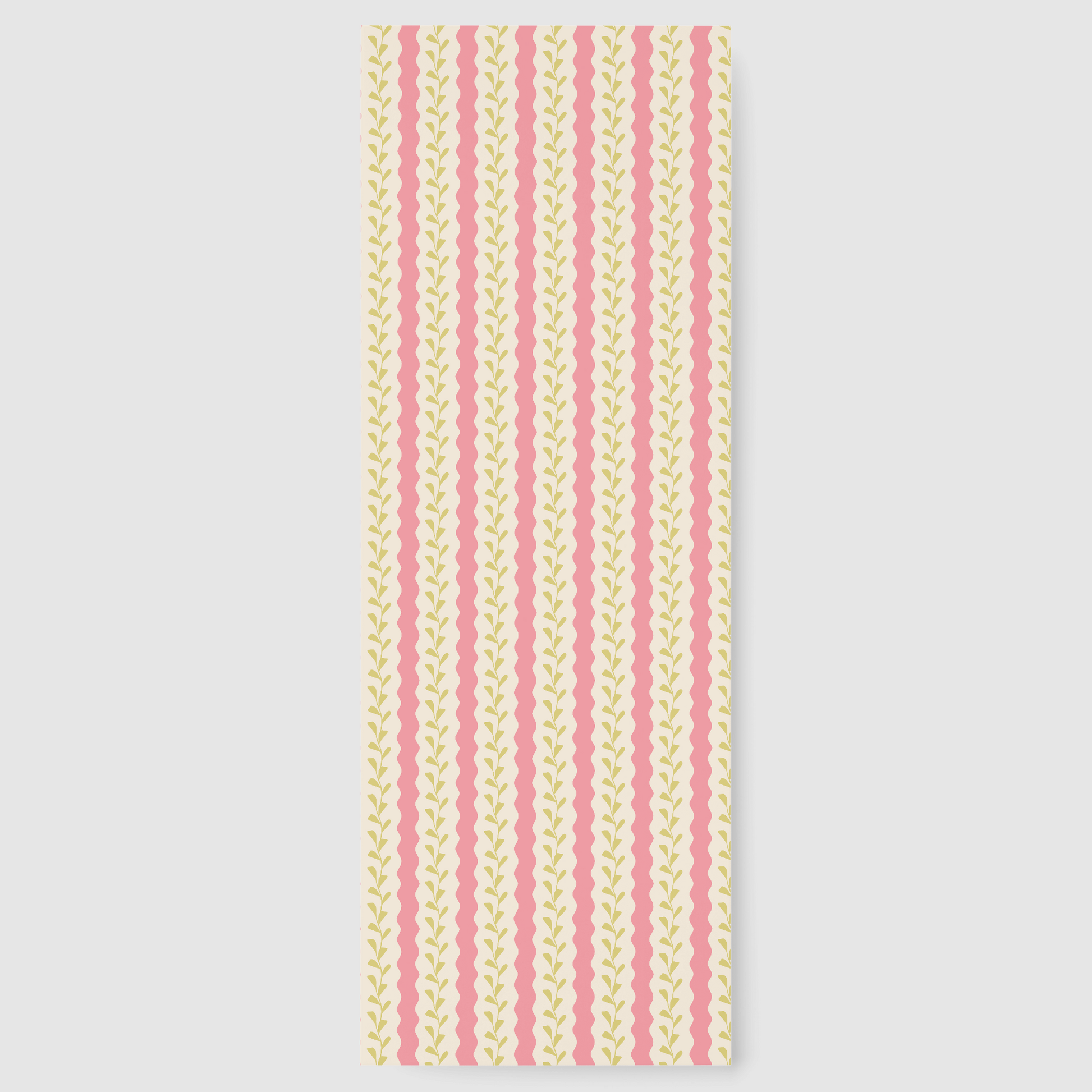  Laminated rectangular bookmark featuring a vertical pattern of alternating vibrant pink scalloped wavy stripes and and delicate botanical vines on an off-white background. The bookmark is centered on a grey-white background.
