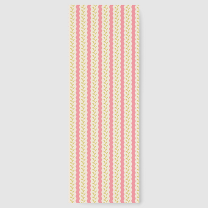  Laminated rectangular bookmark featuring a vertical pattern of alternating vibrant pink scalloped wavy stripes and and delicate botanical vines on an off-white background. The bookmark is centered on a grey-white background.