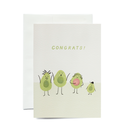 A vertical white greeting card featuring four illustrated avocado cartoon characters standing in a row on a light green ground. From left to right: an avocado with curly hair and arms raised, a tall avocado with a wide smile, a pregnant avocado with an avocado seed belly, and a small avocado wearing a black hat. The word 'Congrats!' is printed in light green sans-serif capital letters above them.