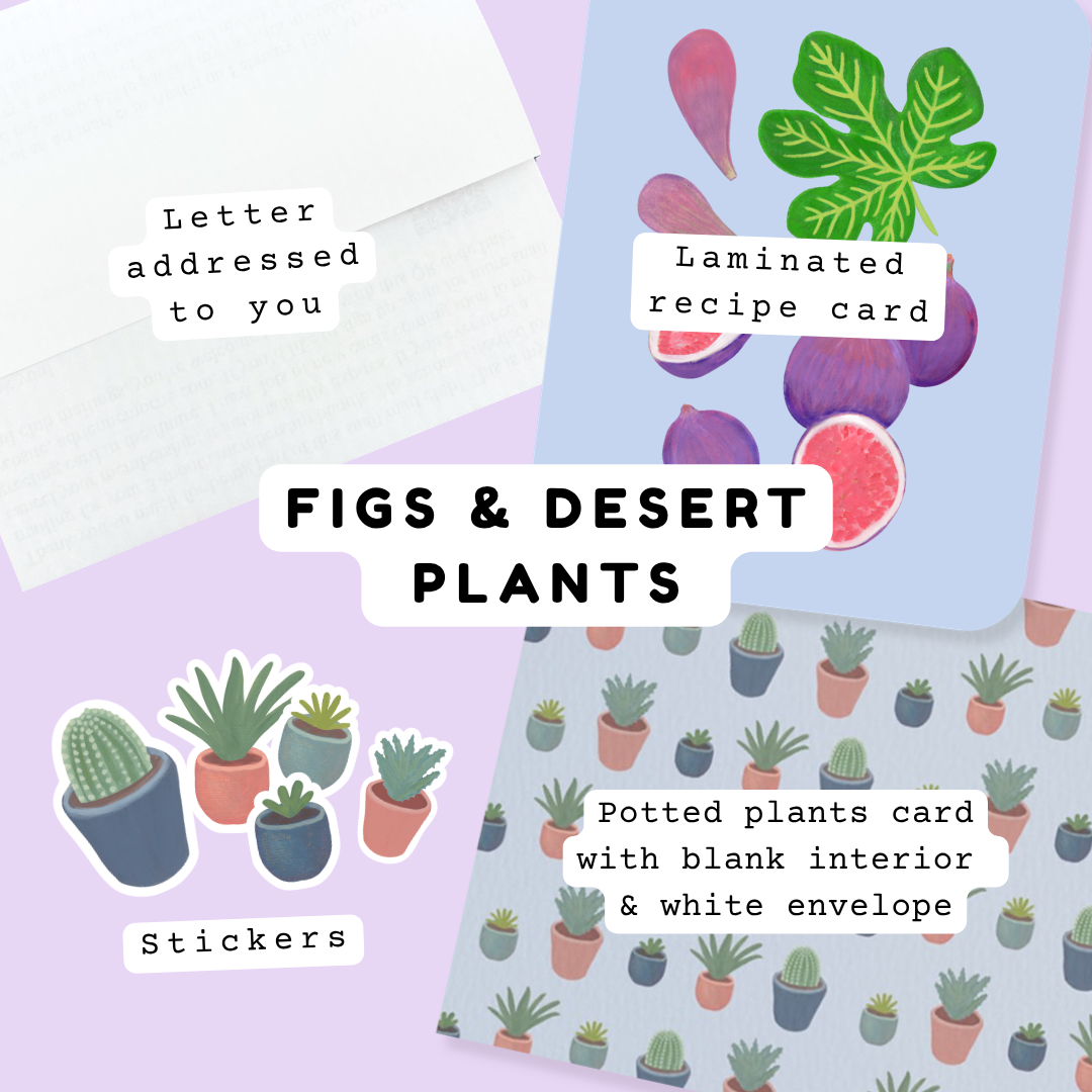 A flat-lay product presentation of a 'Figs & Desert Plants' stationery set, including a white letter addressed to you, a laminated recipe card with fig illustrations, a potted plants card with a patterned border, and several plant stickers, all arranged on a light lavender background.