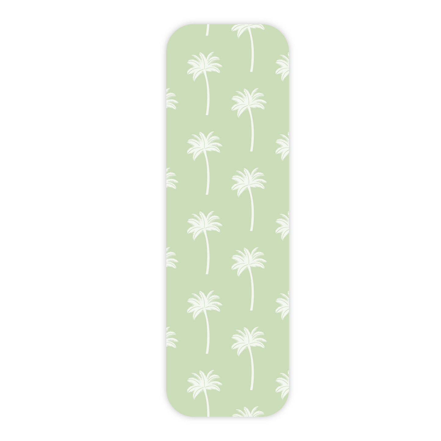 One light green laminated bookmark displayed vertically and in the center of a plain white background. This bookmark features an all-over repeating pattern of white palm trees on a plain light green background. The bookmark has rounded corners and a slight drop shadow.