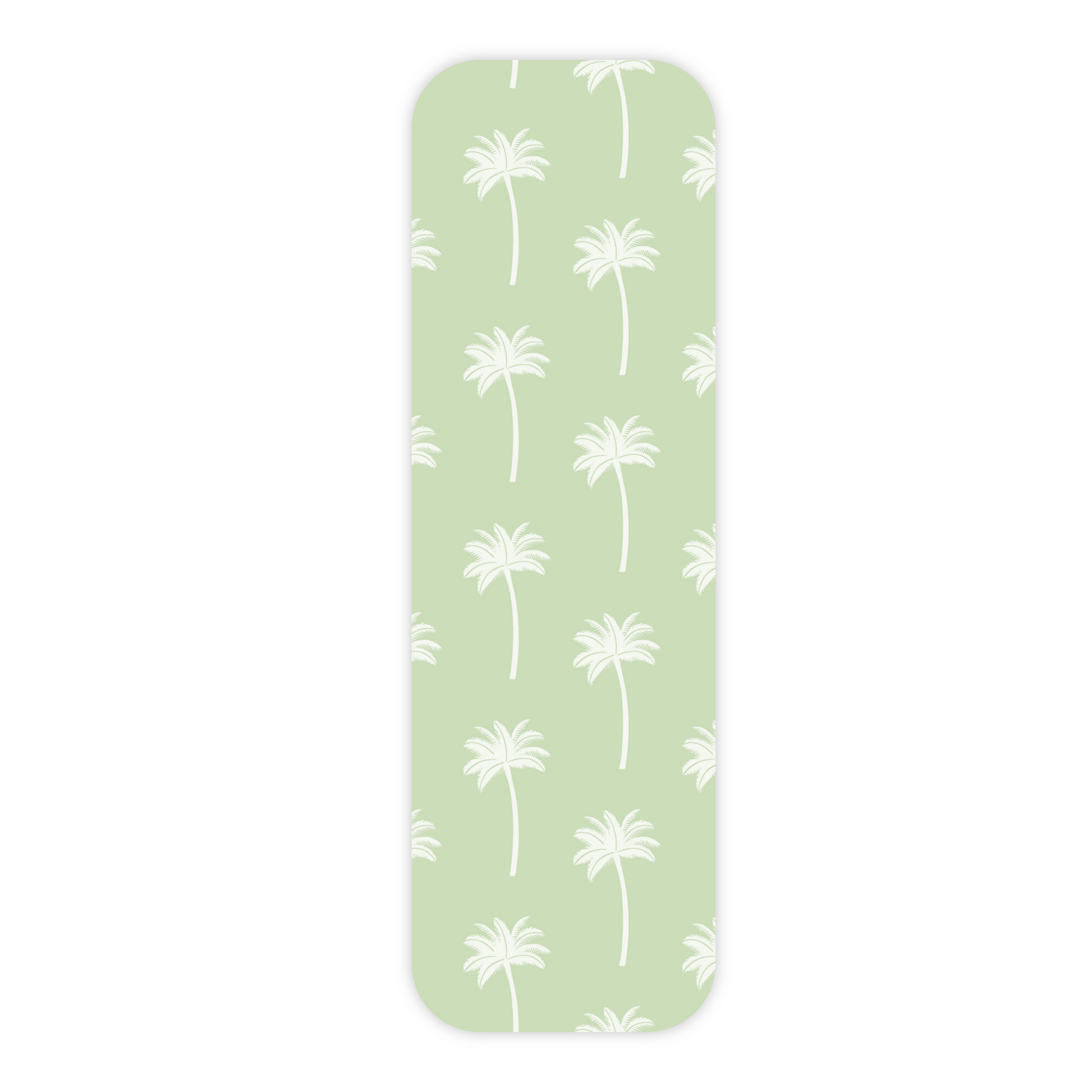 One light green laminated bookmark displayed vertically and in the center of a plain white background. This bookmark features an all-over repeating pattern of white palm trees on a plain light green background. The bookmark has rounded corners and a slight drop shadow.