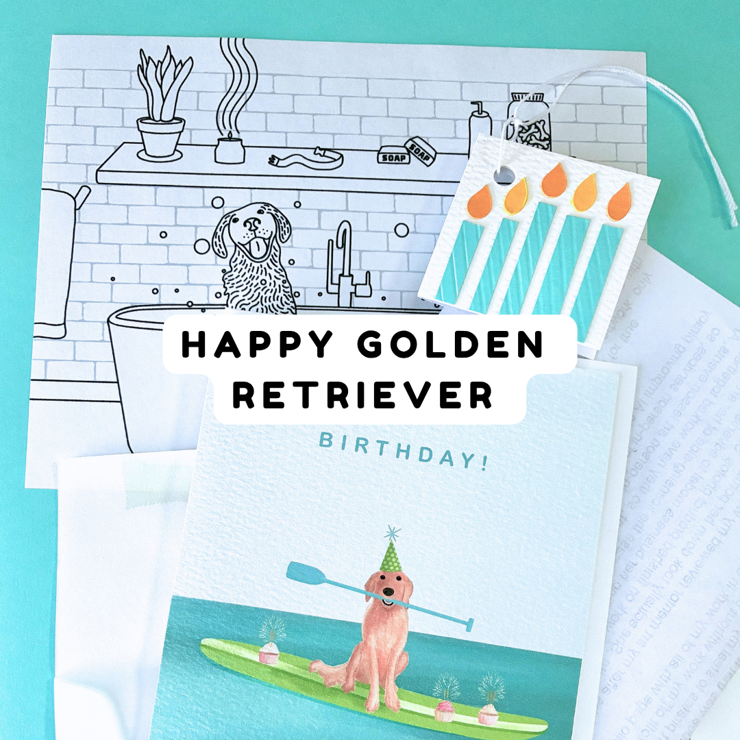 Birthday card design featuring a golden retriever, with the words “Happy Golden Retriever Birthday!” and a small illustration of the dog paddleboarding beside a black-and-white color sheet of a dog in a bathtub. stacked above the coloring sheet is a teal blue paper candles square gift tag. 