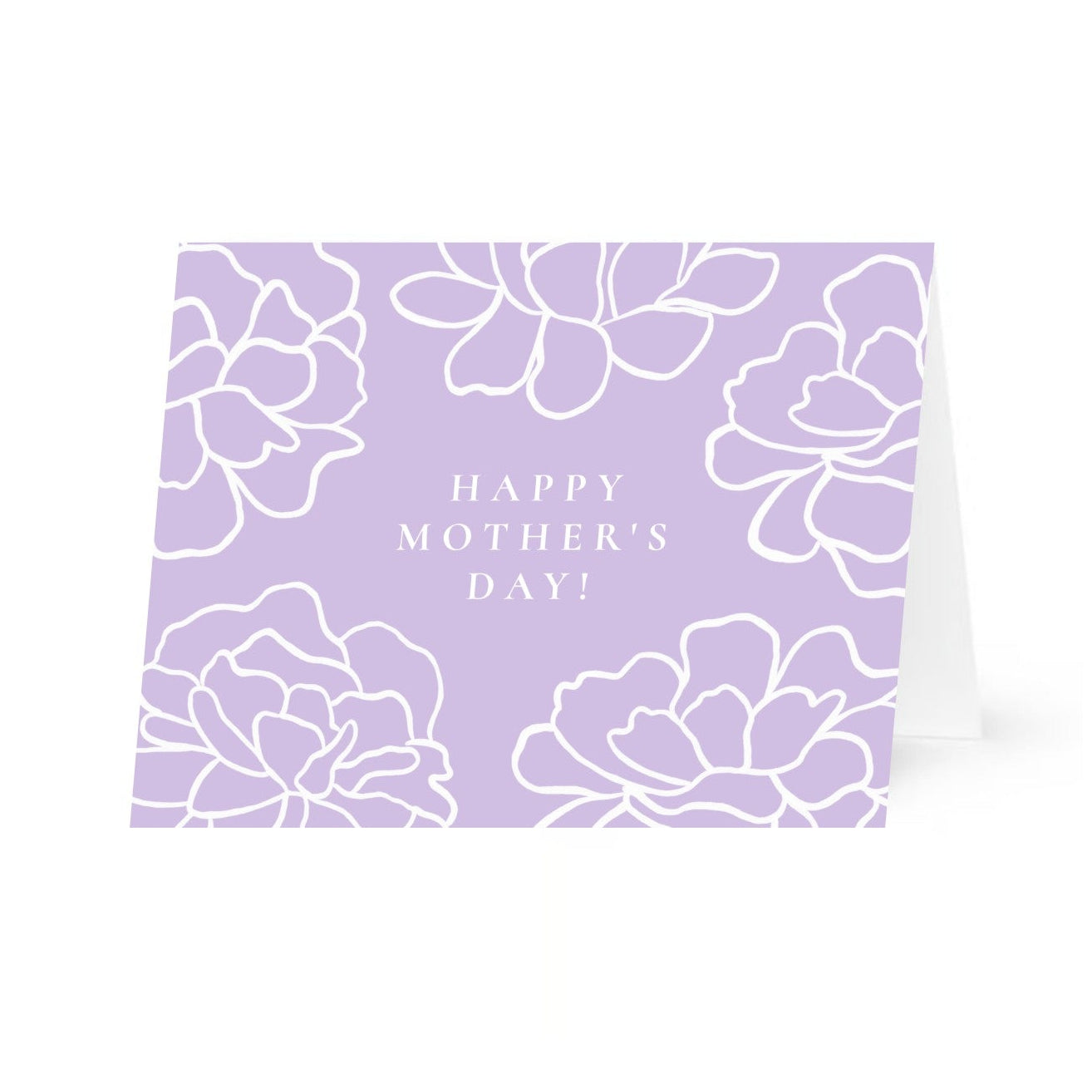 A horizontal greeting card with a light purple background featuring white, line-art illustrations of large peony-like flowers blooming from the corners and top edge. Centered in the middle of the card, the all caps words "Happy Mother's Day!" are written in a clean, white, serif font. The card is shown slightly propped open against a plain white background.