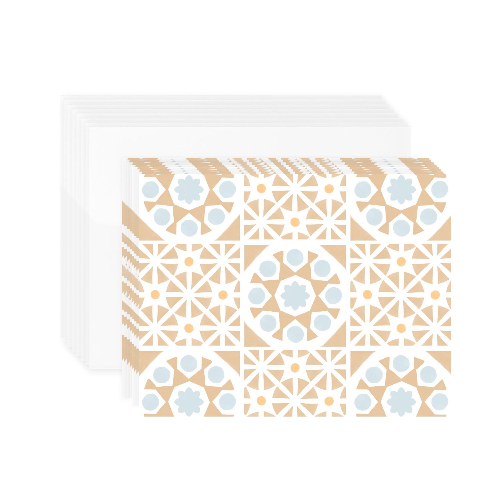 A stack of 8 horizontal greeting cards featuring an all-over pattern of tan-colored Mediterranean tiles arranged in a symmetrical grid format. The folded cards are shown laying flat stacked above 8 white envelopes. The stack of envelopes and cards are centered against a plain white background.