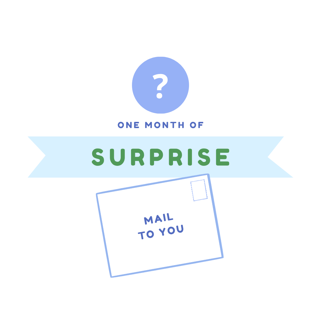 a digital graphic with a blue circle containing a white question mark above the text 'one month of surprise' on a light blue ribbon, with a blue-outlined mail envelope below reading 'mail to you' on a white envelope outlined in light blue.