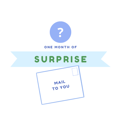 a digital graphic with a blue circle containing a white question mark above the text 'one month of surprise' on a light blue ribbon, with a blue-outlined mail envelope below reading 'mail to you' on a white envelope outlined in light blue.