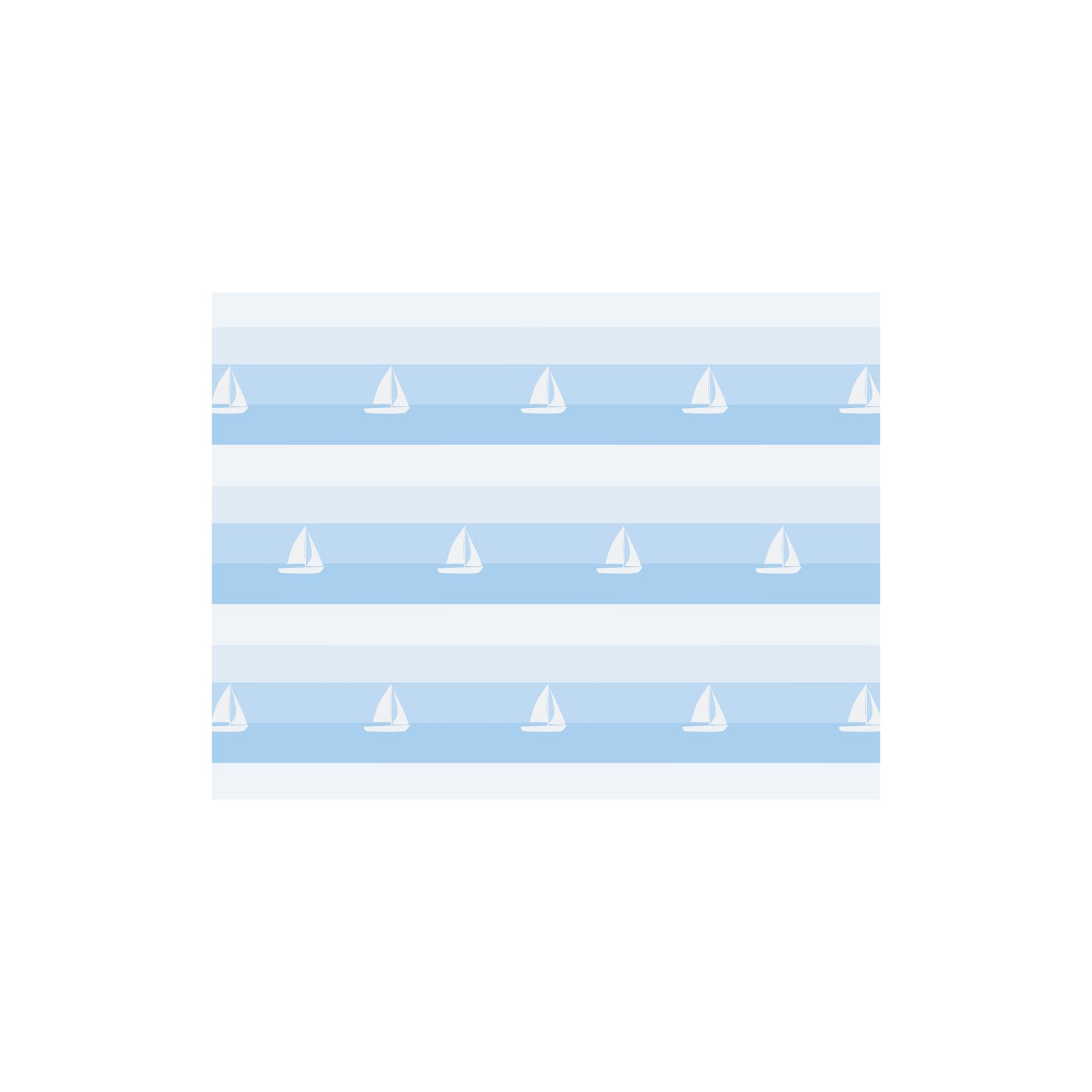 A single notecard featuring a pattern of horizontal blue stripes and white sailboats. The patterned horizontal card is centered on a white background.
