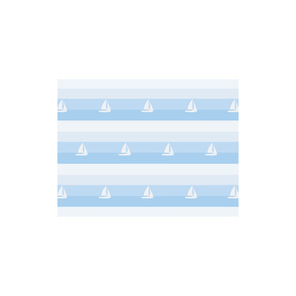 A single notecard featuring a pattern of horizontal blue stripes and white sailboats. The patterned horizontal card is centered on a white background.