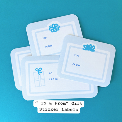 Four pastel blue-and-white “To” and “From” gift sticker labels stacked on a dark teal background, with simple present bow icons and the text “To & From Gift Sticker Labels” below.