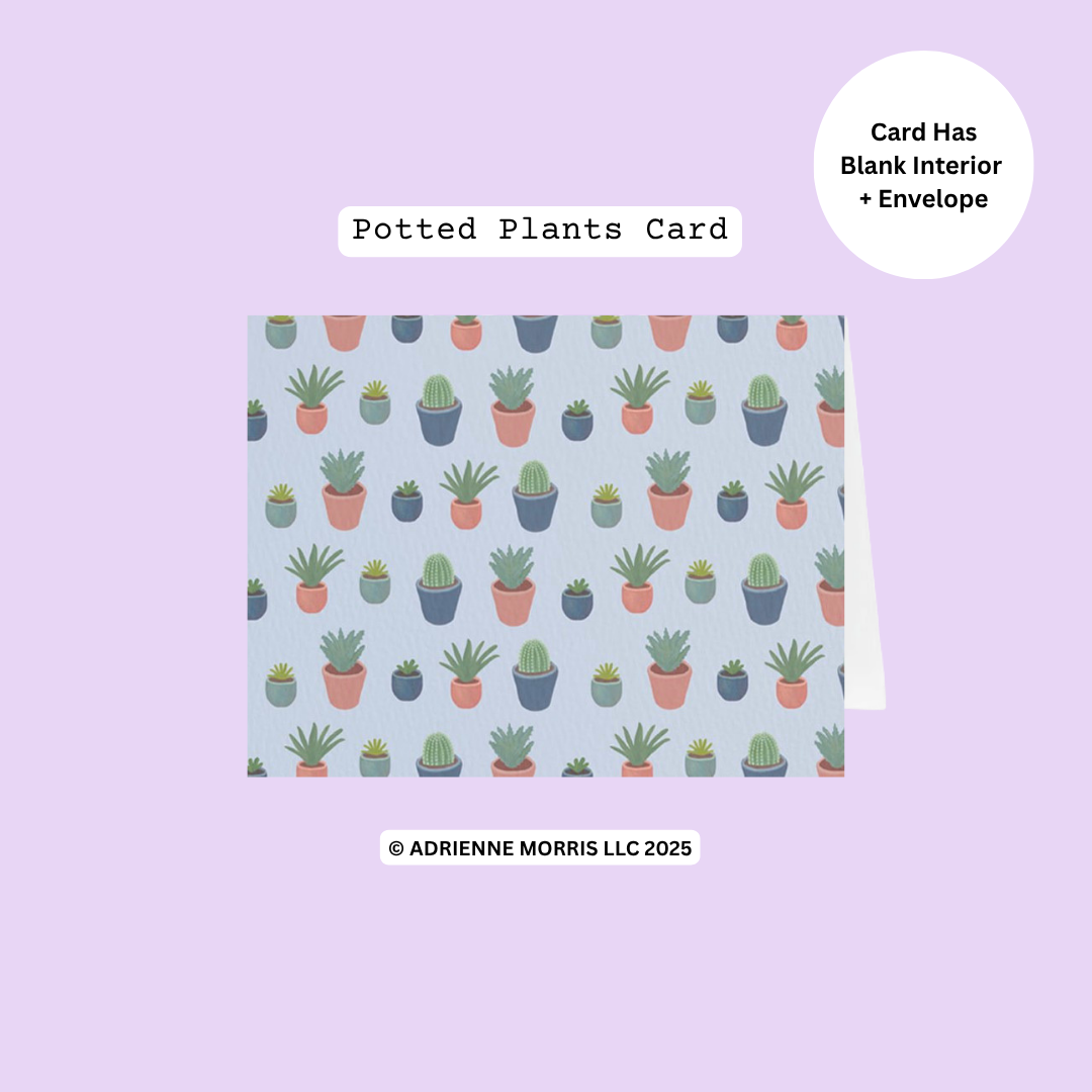 A potted plants greeting card with a repeating pattern of small cacti and succulents in terracotta and navy pots on a light blue background, shown with a white envelope on a lavender background. Text labels read 'Potted Plants Card' and 'Card Has Blank Interior + Envelope'.