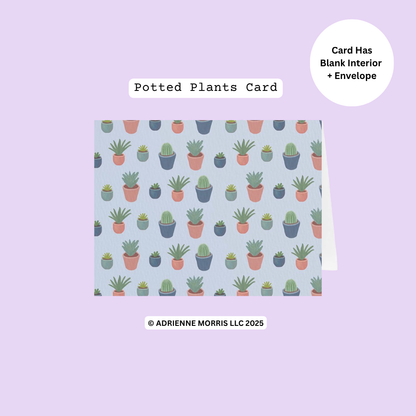 A potted plants greeting card with a repeating pattern of small cacti and succulents in terracotta and navy pots on a light blue background, shown with a white envelope on a lavender background. Text labels read 'Potted Plants Card' and 'Card Has Blank Interior + Envelope'.