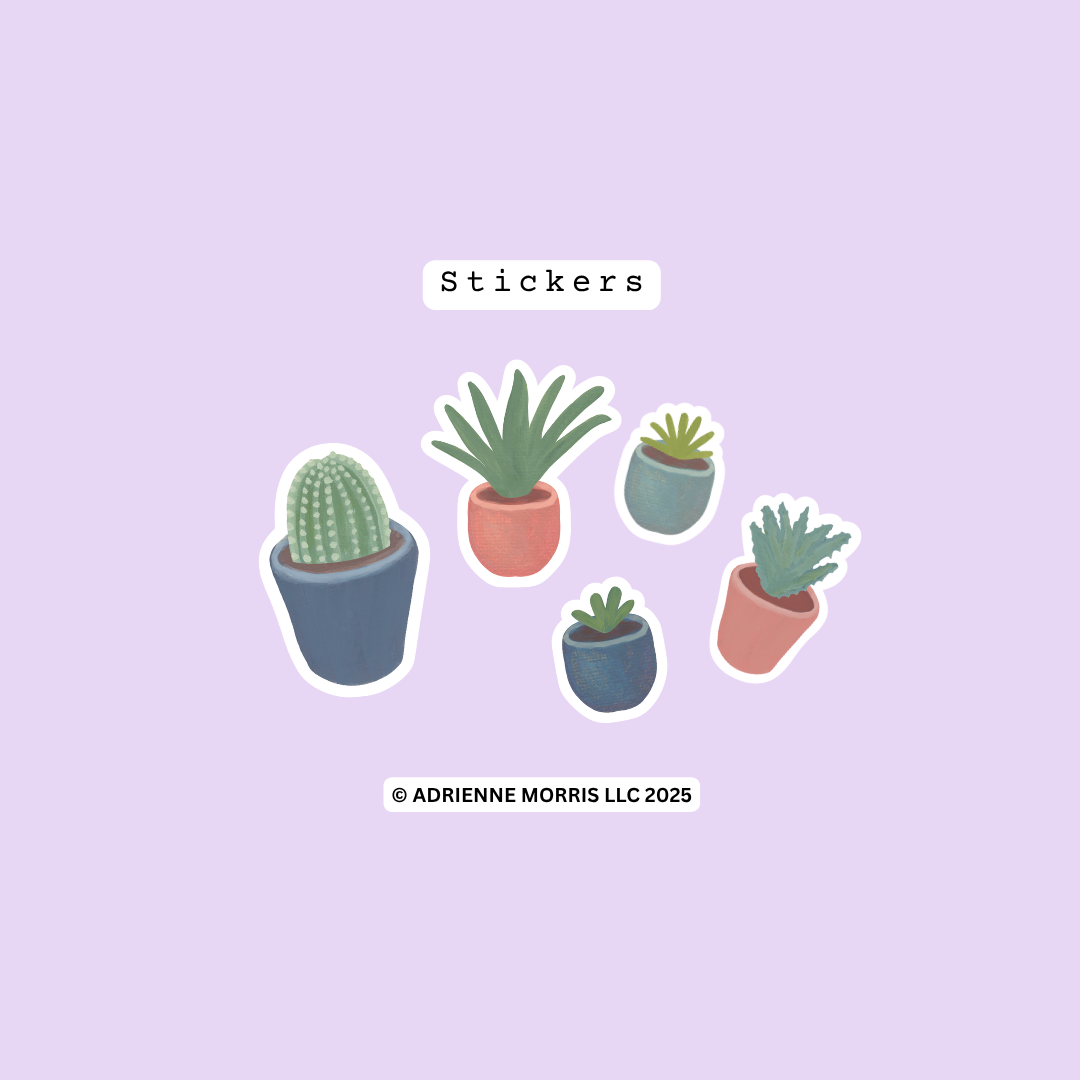 Five illustrated potted succulents and cacti stickers arranged on a light lavender background, with the word 'Stickers' above and a copyright line reading '© Adrienne Morris LLC 2025' below.