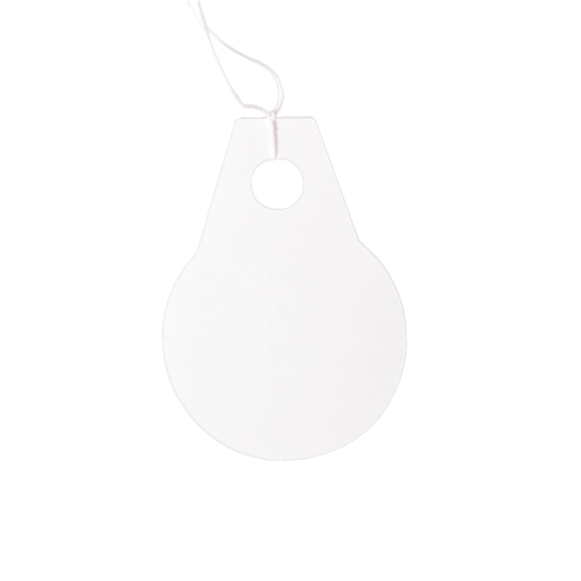 A single white paper gift tag that are shaped like a big circle with a little square handle at the top. The tag has a white string at the top so you can tie it onto a gift. The tag is centered on a white background.
