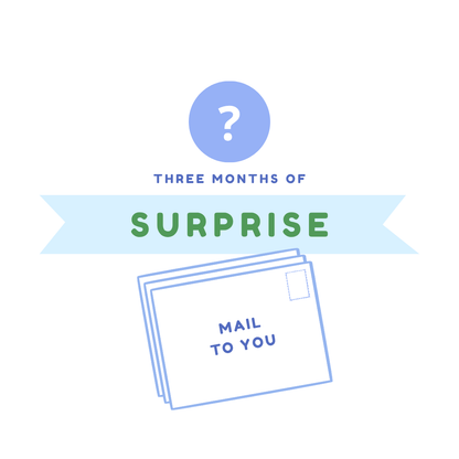 Promotional graphic for a surprise three-month mystery package, featuring a blue circle with a question mark, the text 'Three months of' above the text 'surprise' on a light blue ribbon, and an illustration of mailers labeled 'Mail to you' on a white background.