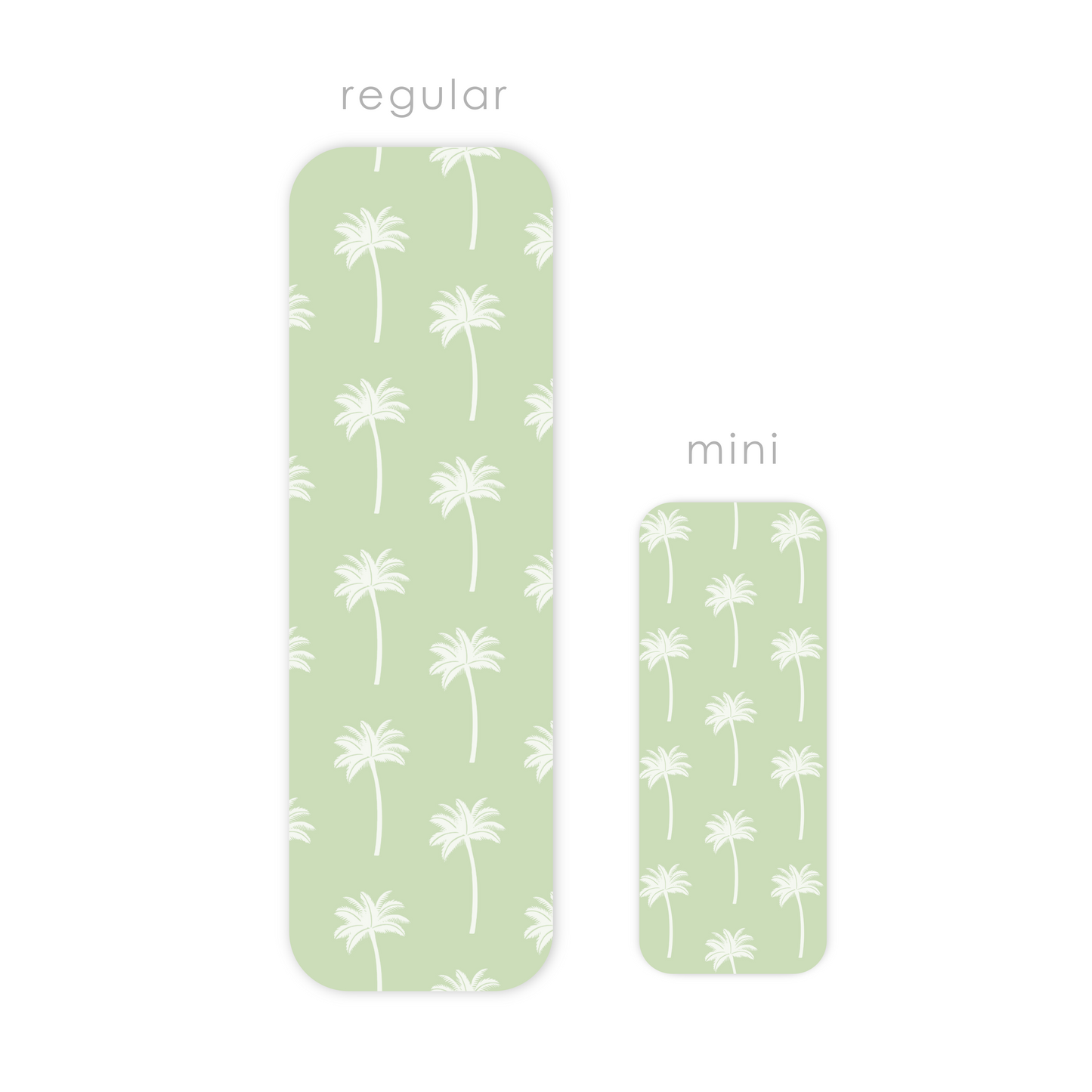 Two green rectangular laminated bookmarks with white palm tree patterns, labeled 'regular' and 'mini'.