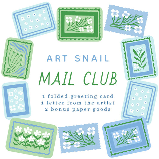 Promotional graphic for Art Snail Mail  Club with decorative stamps and text. This is a square graphic with a clean, whimsical aesthetic using a palette of soft blues, sage greens, and crisp white. The design features a circular border made of ten illustrated postage stamps, each depicting different floral or botanical motifs. The stamps have various decorative edges, including scalloped and zig-zag borders. In the center of the floral wreath, the text is arranged vertically in a mix of playful fonts.