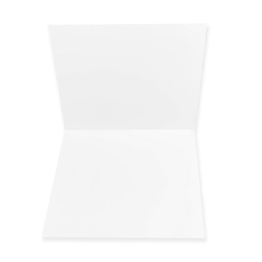 an open, blank white greeting card shown from the inside. the card is folded horizontally across the middle, creating two equal white rectangular sections for writing messages. the background is a clean, neutral white.