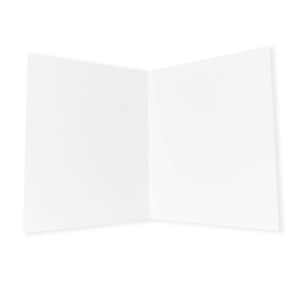 an open, blank white greeting card shown from the inside. the card is folded vertically across the middle, creating two equal white rectangular sections for writing messages. the background is a clean, neutral white.