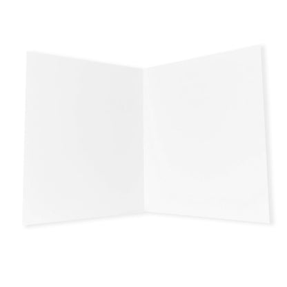 an open, blank white greeting card shown from the inside. the card is folded vertically across the middle, creating two equal white rectangular sections for writing messages. the background is a clean, neutral white.