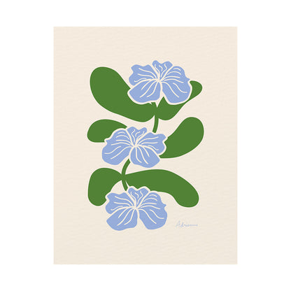 A vertical minimalist botanical art print print featuring three stylized light blue flowers with white outlines. The flowers are stacked vertically along a winding green stem with large, rounded green leaves. The background is a warm neutral cream color with a subtle paper texture. The artist's signature, "Adrienne," is visible in the bottom right corner in a light blue script.
