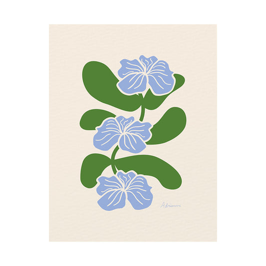 A vertical minimalist botanical art print print featuring three stylized light blue flowers with white outlines. The flowers are stacked vertically along a winding green stem with large, rounded green leaves. The background is a warm neutral cream color with a subtle paper texture. The artist's signature, "Adrienne," is visible in the bottom right corner in a light blue script.