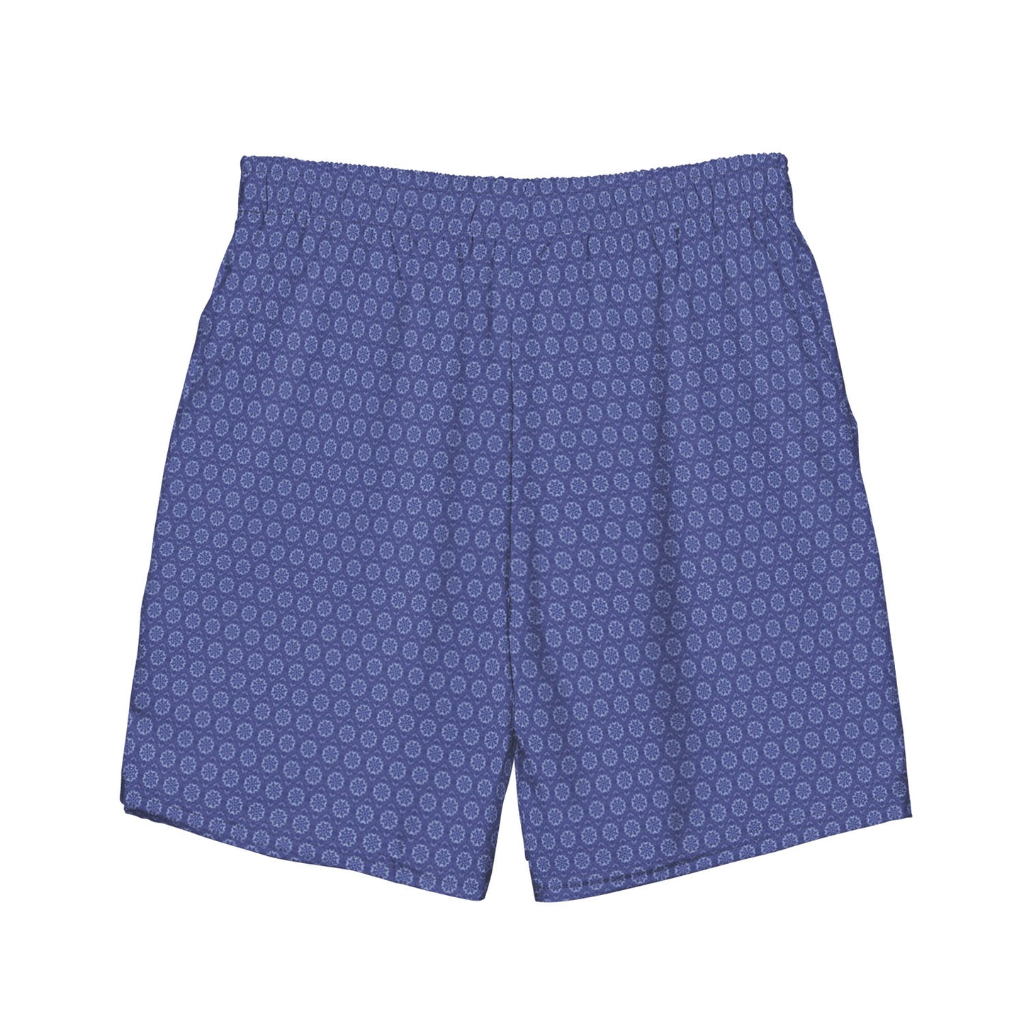 Reverse side of a pair of men's swim shorts in a medium blue color, featuring an all-over geometric pattern of small light blue circular mandala shaped Mediterranean tiles. The shorts have an elastic waistband and a relaxed fit, shown against a solid white background.