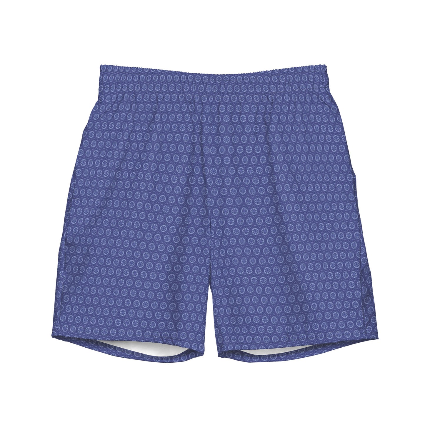 A pair of men's swim shorts in a medium blue color, featuring an all-over geometric pattern of small light blue circular mandala shaped Mediterranean tiles. The shorts have an elastic waistband and a relaxed fit, shown against a solid white background.