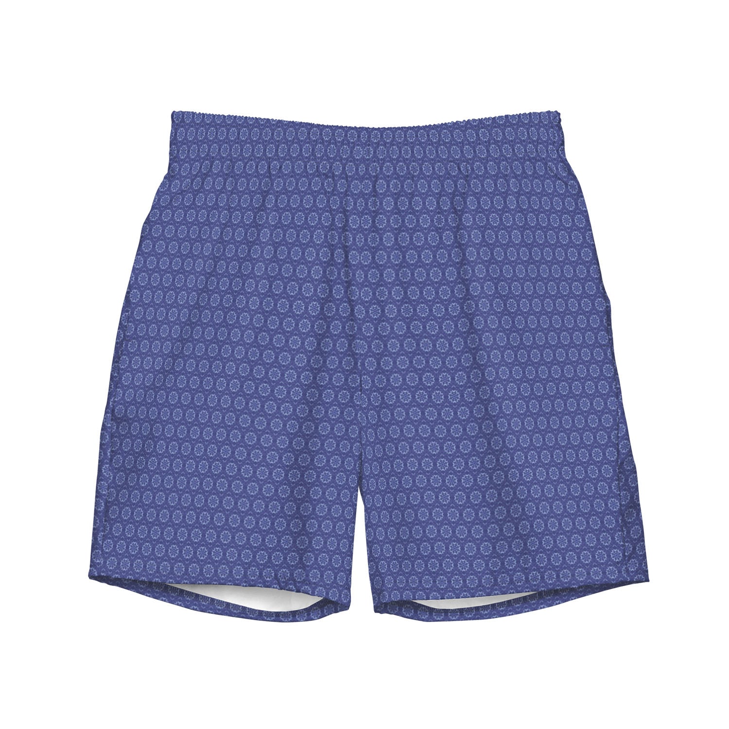 A pair of men's swim shorts in a medium blue color, featuring an all-over geometric pattern of small light blue circular mandala shaped Mediterranean tiles. The shorts have an elastic waistband and a relaxed fit, shown against a solid white background.