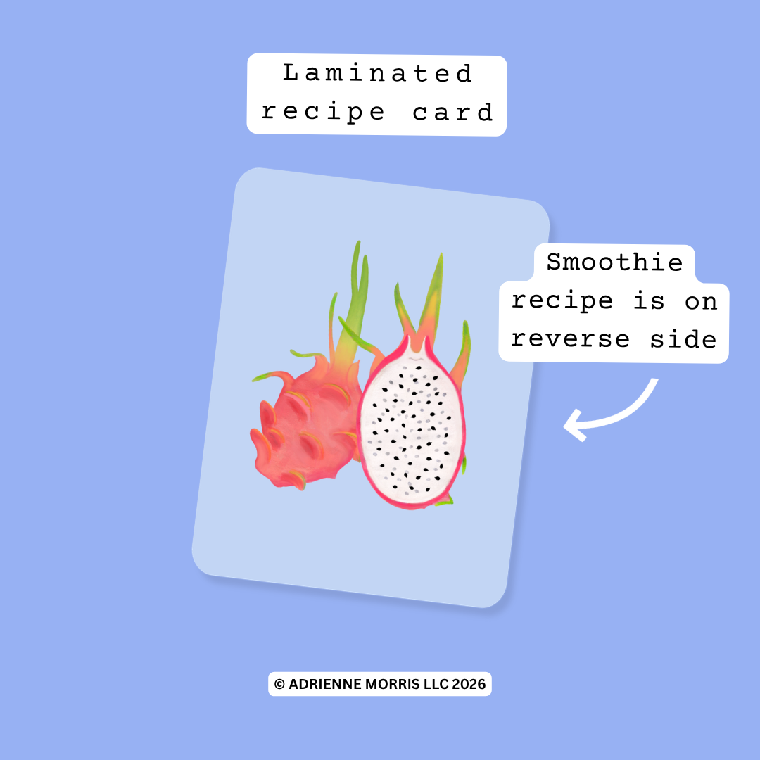 A laminated recipe card featuring an illustration of a dragon fruit, with text labels indicating the laminated recipe card and that the smoothie recipe is on the reverse side, set against a solid periwinkle blue background.