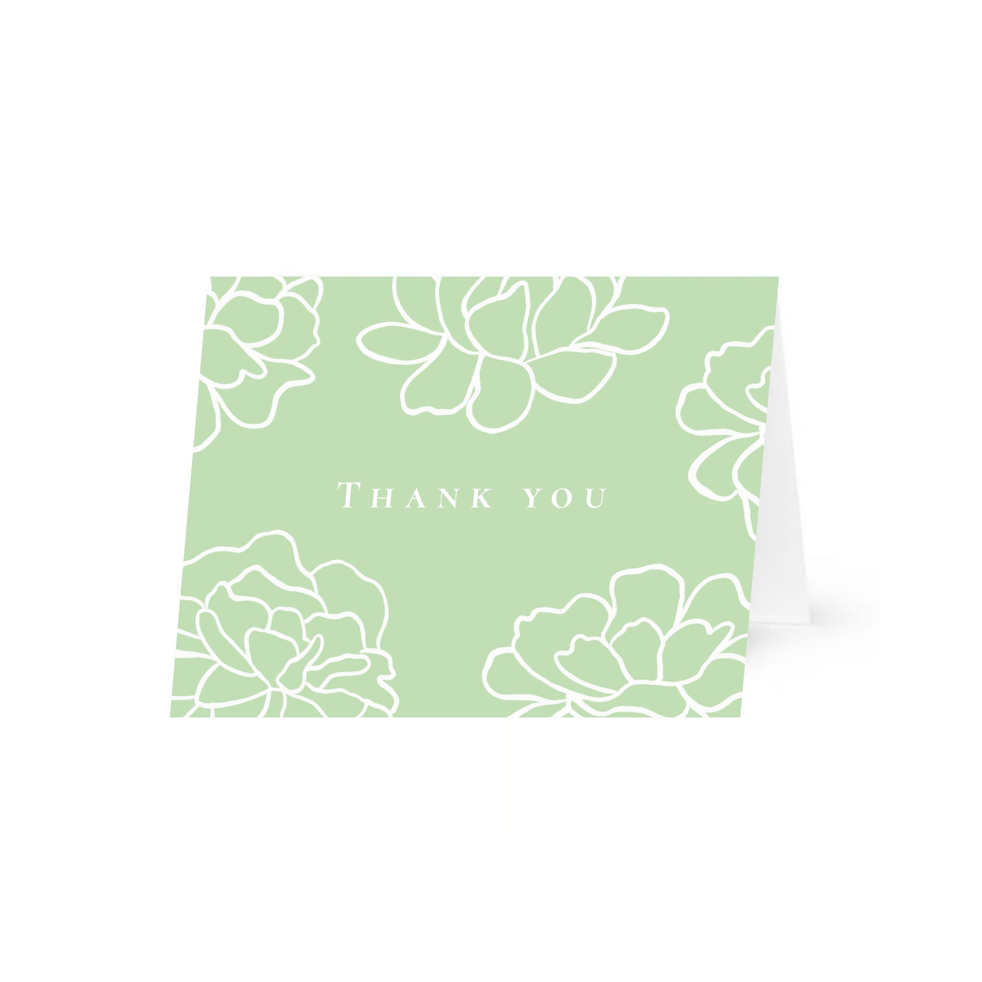 A light green horizontal folded card standing up with white line-art peony flowers and the text "Thank you" in a central uppercase serif font. The card is centered on a white background.