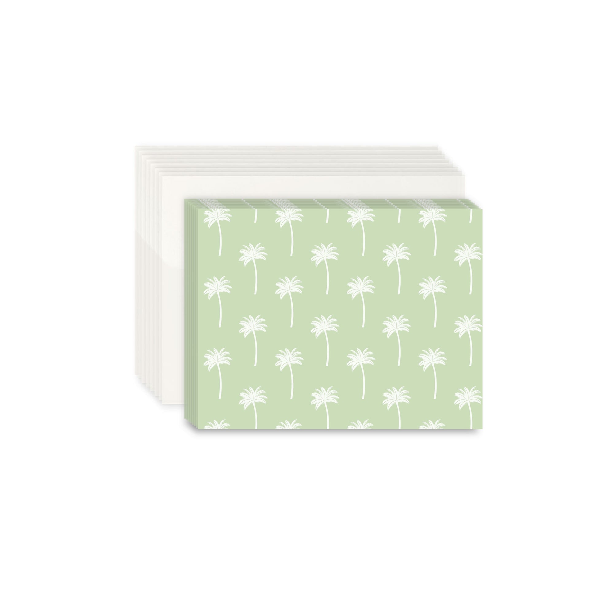 Astack of eight white envelopes and eight notecards with a green palm tree pattern on the notecards. The stationery set is centered on a white background
