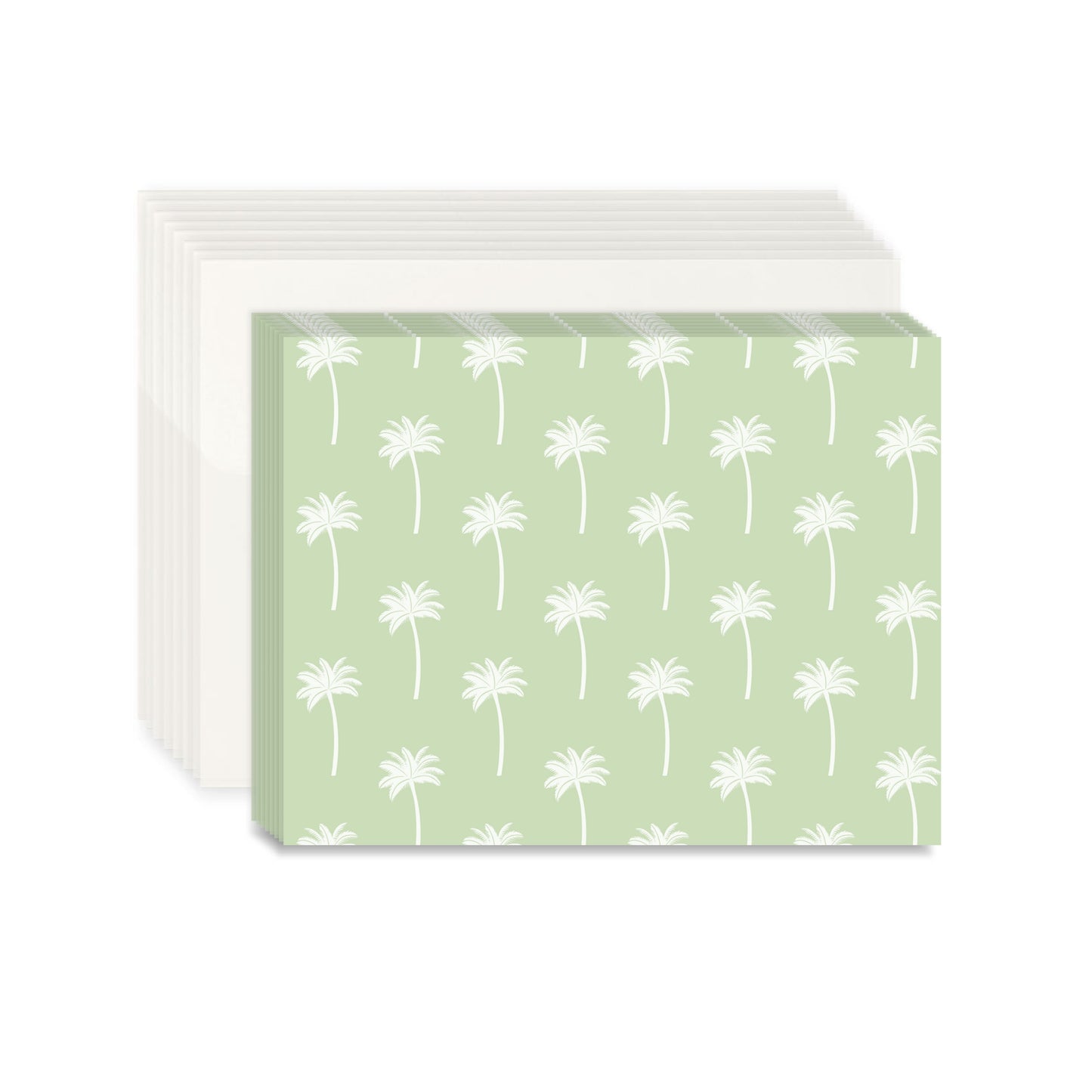 A stack of eight white envelopes and eight notecards with a green palm tree pattern on the notecards. The stationery set is centered on a white background