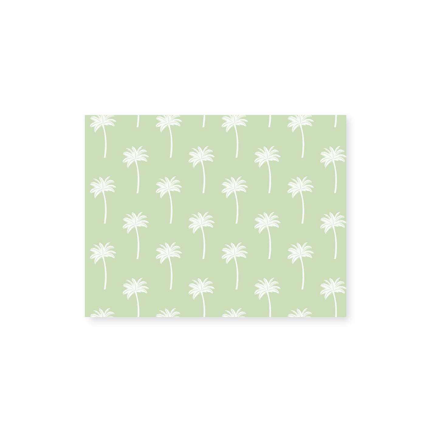 A horizontal notecard centered on a white background featuring a pattern of off-white palm tree silhouettes on a light green background.