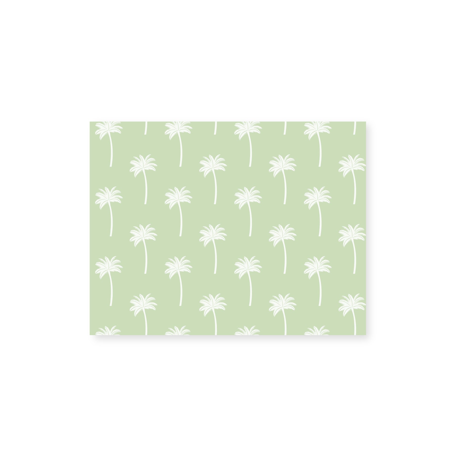 A horizontal notecard centered on a white background featuring a pattern of off-white palm tree silhouettes on a light green background.