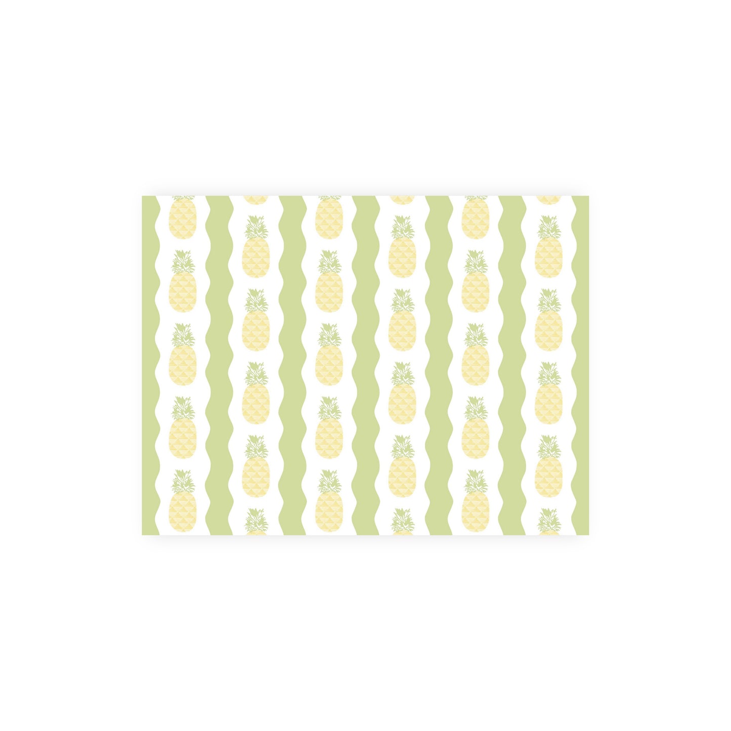 A single notecard featuring a pattern of vertical rows of stylized pineapples. The pineapples have a yellow crisscross diamond pattern with green leafy tops, set against alternating white and green wavy vertical stripes. The patterned horizontal card is centered on a white background.